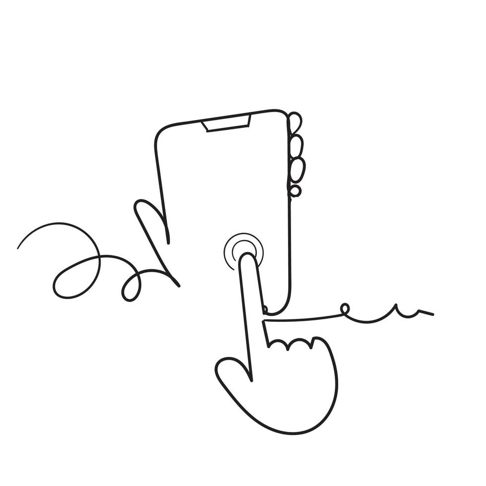 hand drawn hand hold and touch smartphone illustration icon vector