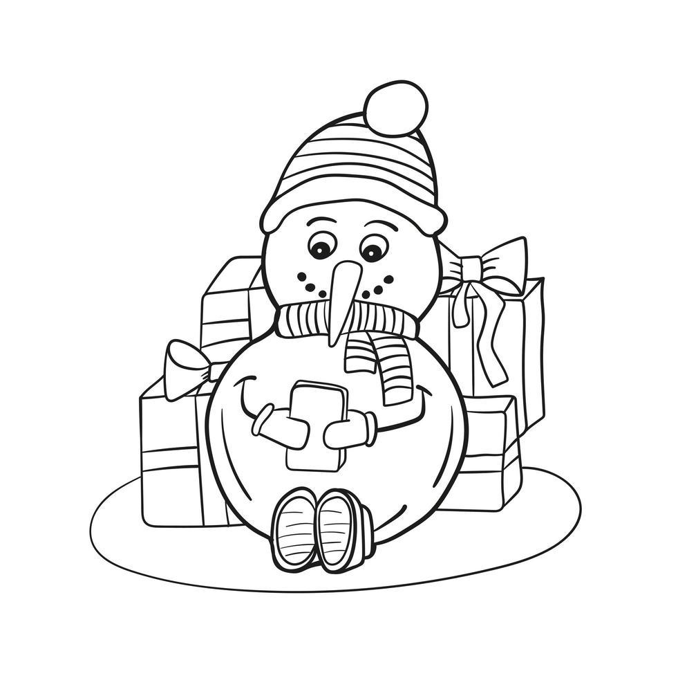 Outlined coloring snowman with mobile phone. Coloring book page for children vector