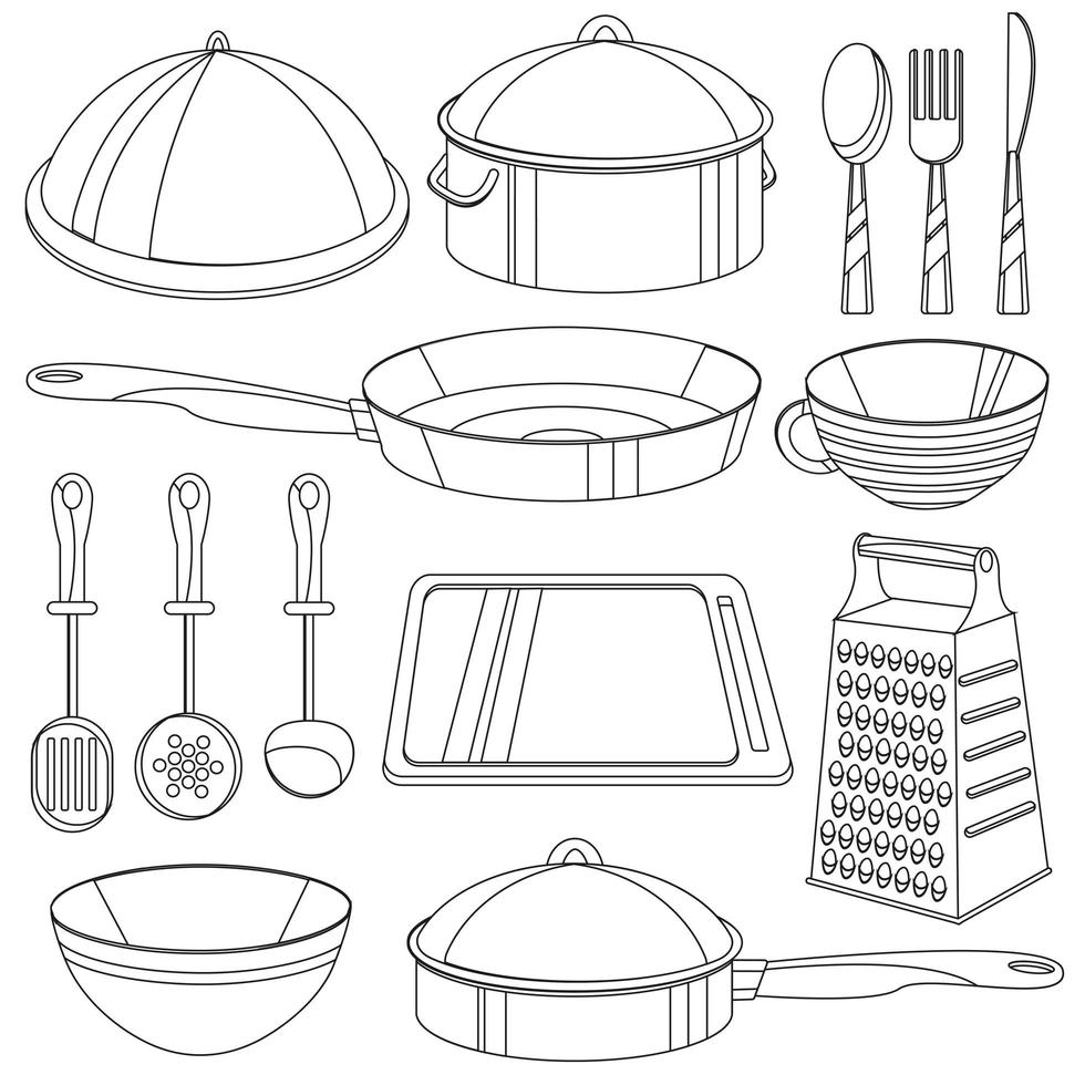 Kitchenware coloring book. Vector illustration for children
