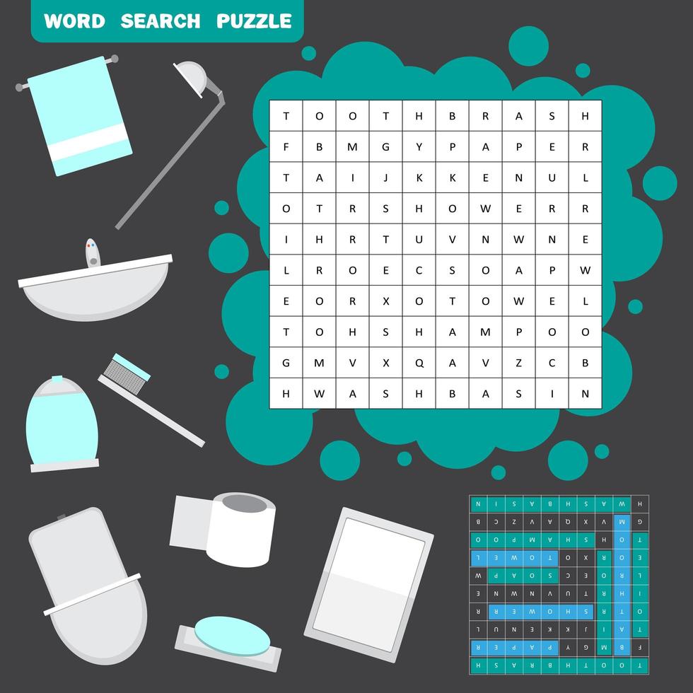 Vector colorless crossword, education game for children about bathroom interior