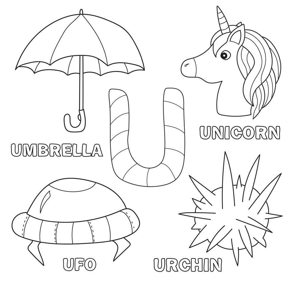 Kids alphabet coloring book page with outlined clip arts. Letter U vector