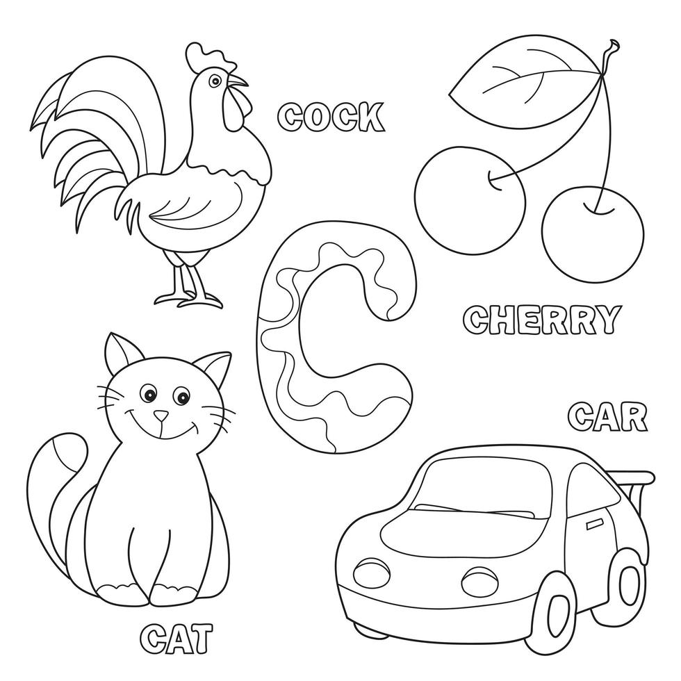 Black and White Cartoon of Writing Skills Practice Workbook with Letter C vector