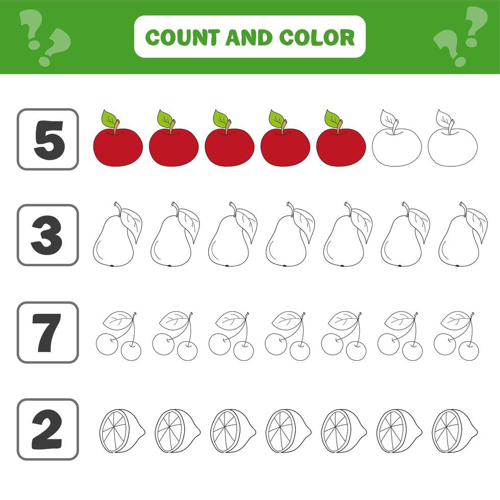 hoja de trabajo de matemáticas para niños. Cuenta y colorea la actividad educativa infantil. vector