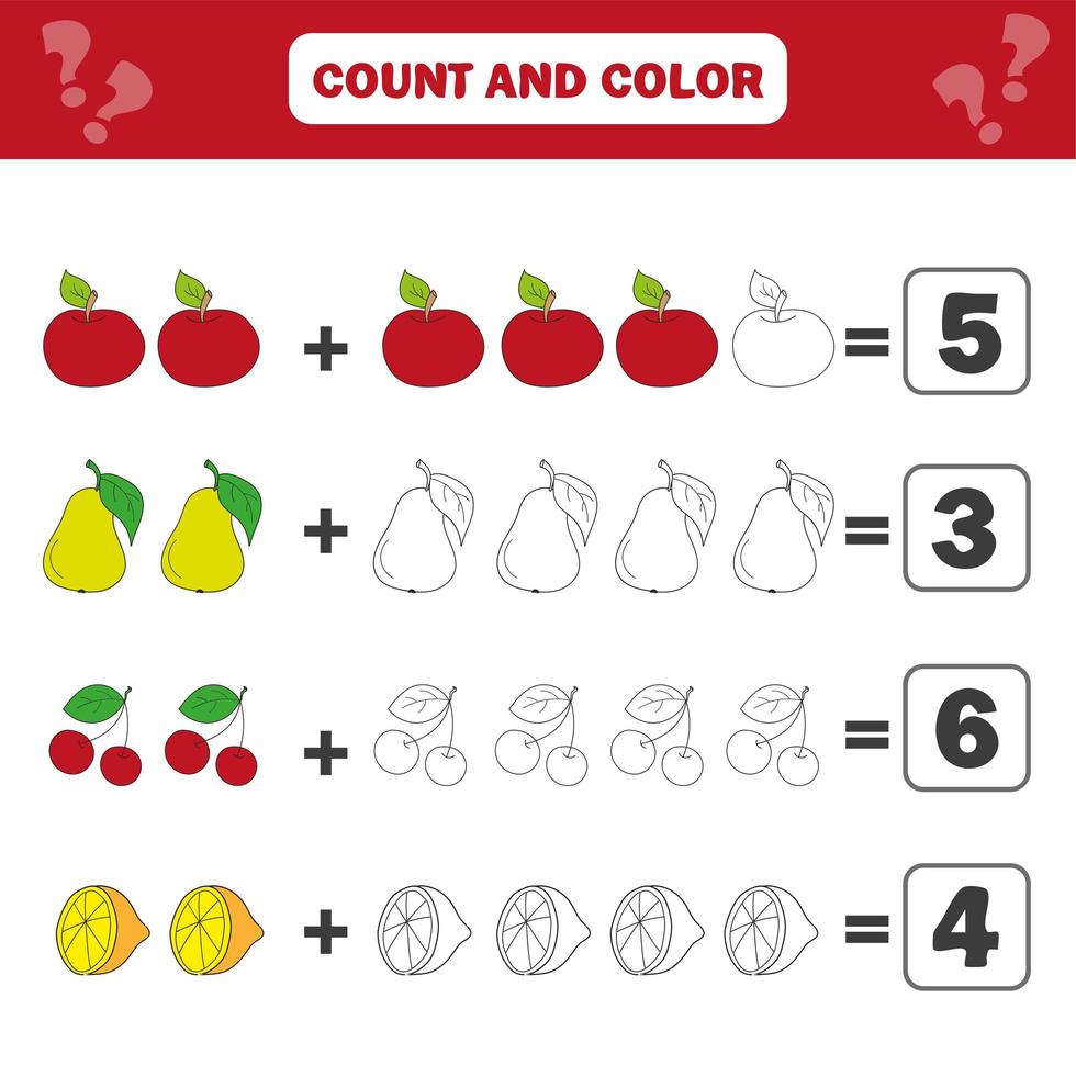 juego educativo de matemáticas para niños. contando ecuaciones. hoja de trabajo de adición vector