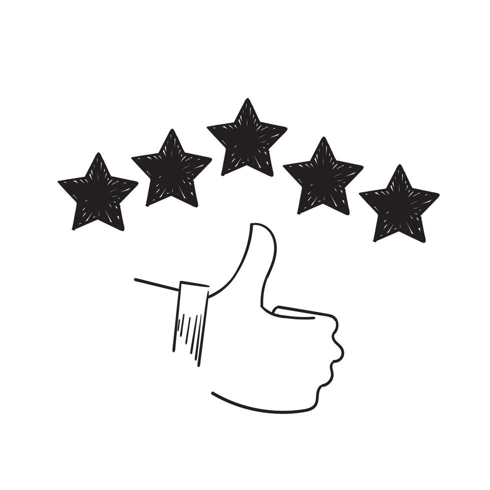 icono de revisión de cliente dibujado a mano, calificación de calidad, comentarios, símbolo de doodle de cinco estrellas sobre fondo blanco vector