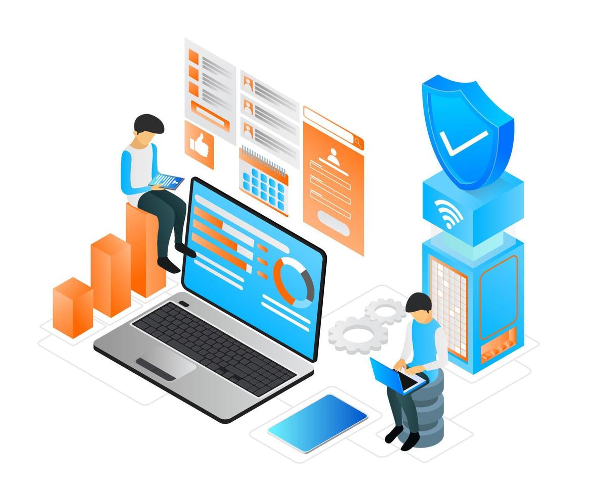 Isometric style illustration of server data storage protection vector