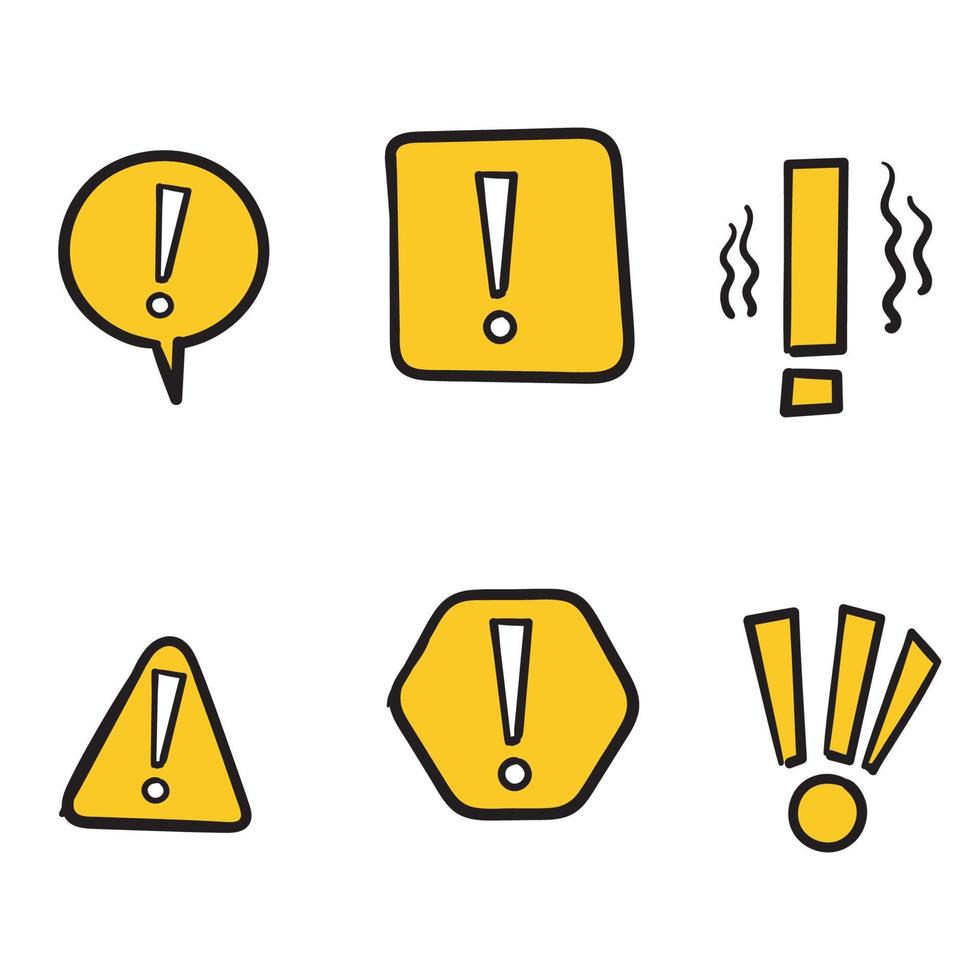 conjunto simple de iconos de líneas vectoriales relacionados con advertencias dibujadas a mano. contiene iconos como alerta, signo de exclamación, señal de advertencia. garabatear vector