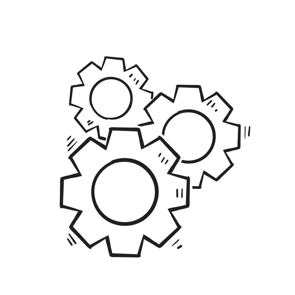 hand drawn doodle gears cogs icon with doodle drawing style vector