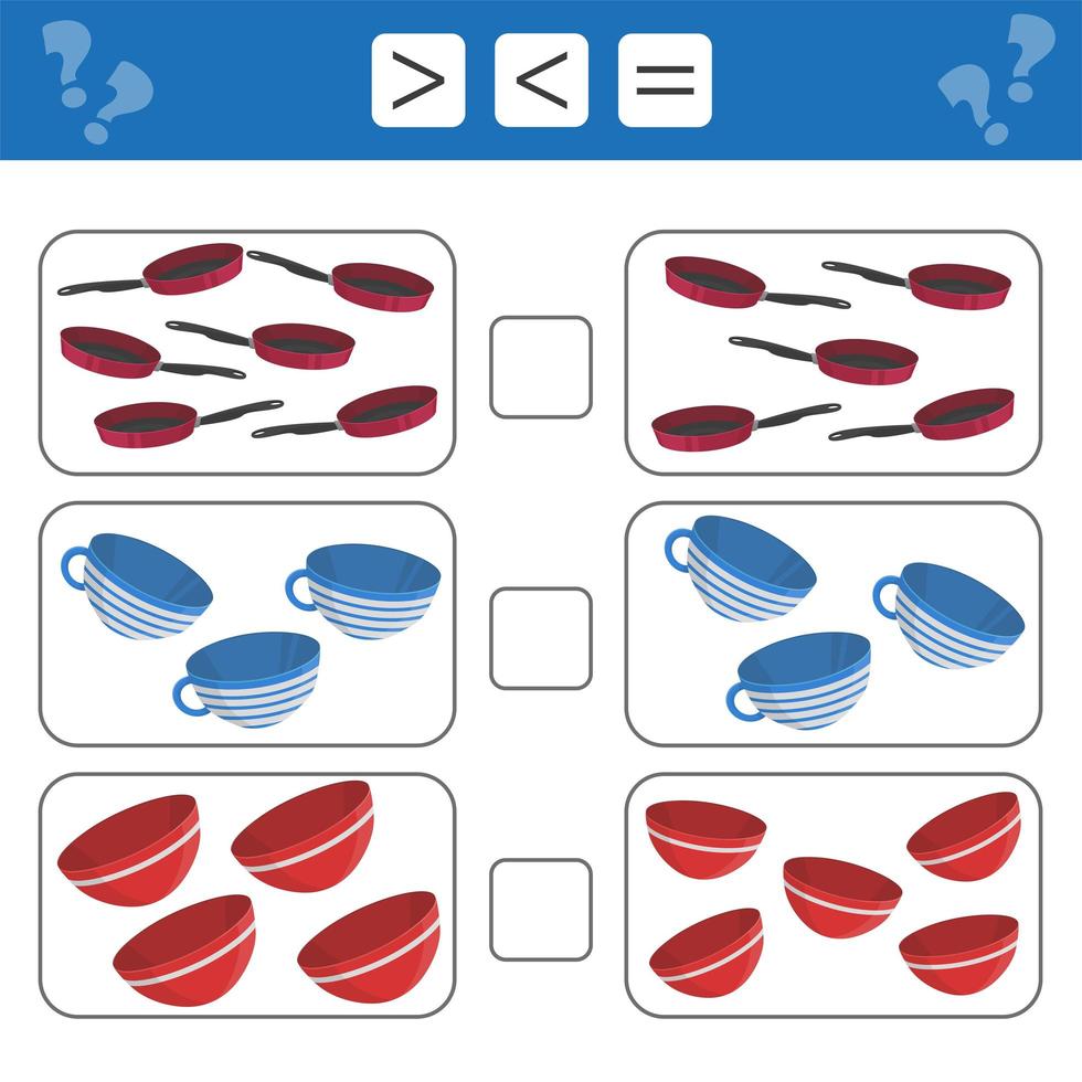 Learning mathematics, numbers - choose more, less or equal. Tasks for children vector