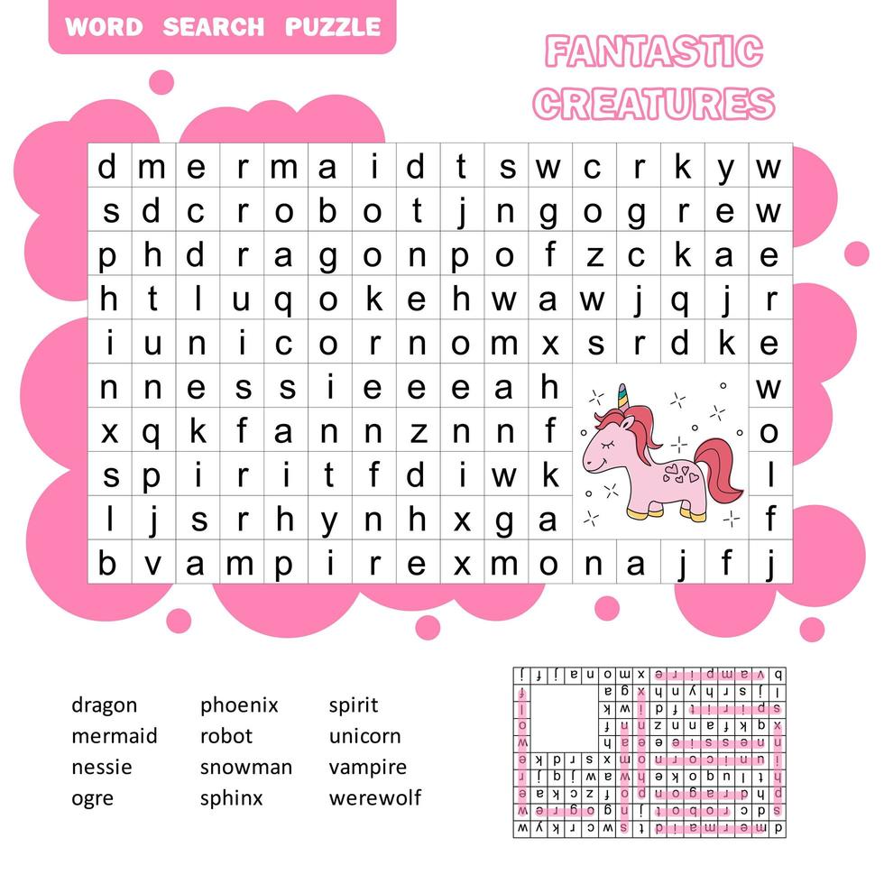 Fantastic creatures - Search words - Kids Printable Game. Vector Illustration