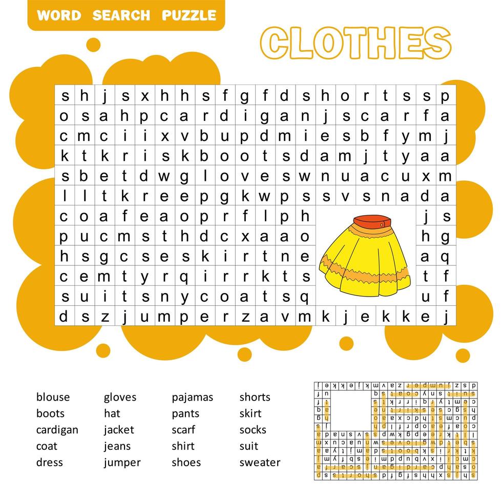 Educational game for kids. Word search puzzle with clothes. Kids activity sheet vector