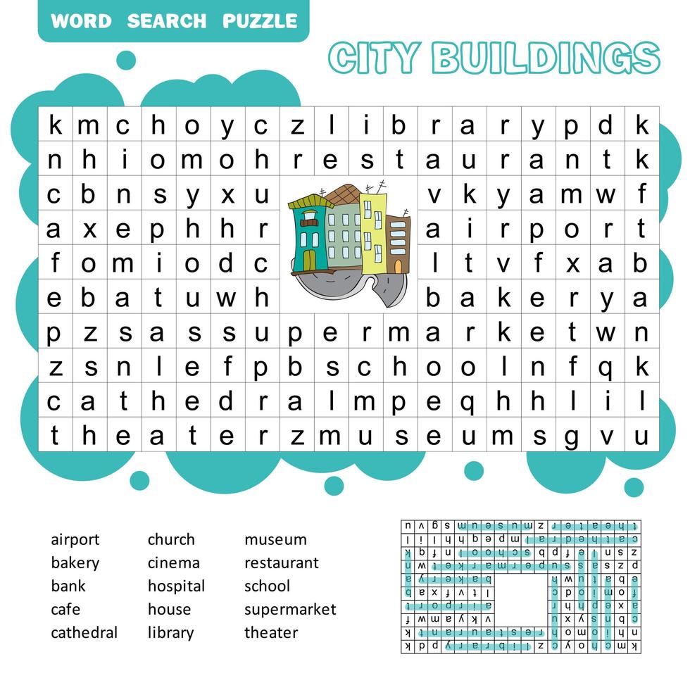 Word search puzzle. Vector game about city buildings. Worksheet for children.