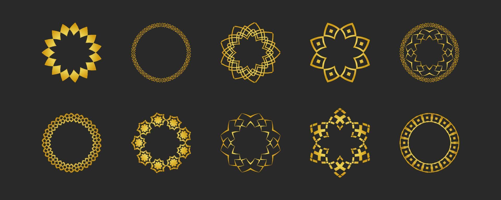 Collection of black backgrounds and golden geometric elements. Set of labels, icons, logos and seamless patterns. Templates with luxury foil for packaging vector