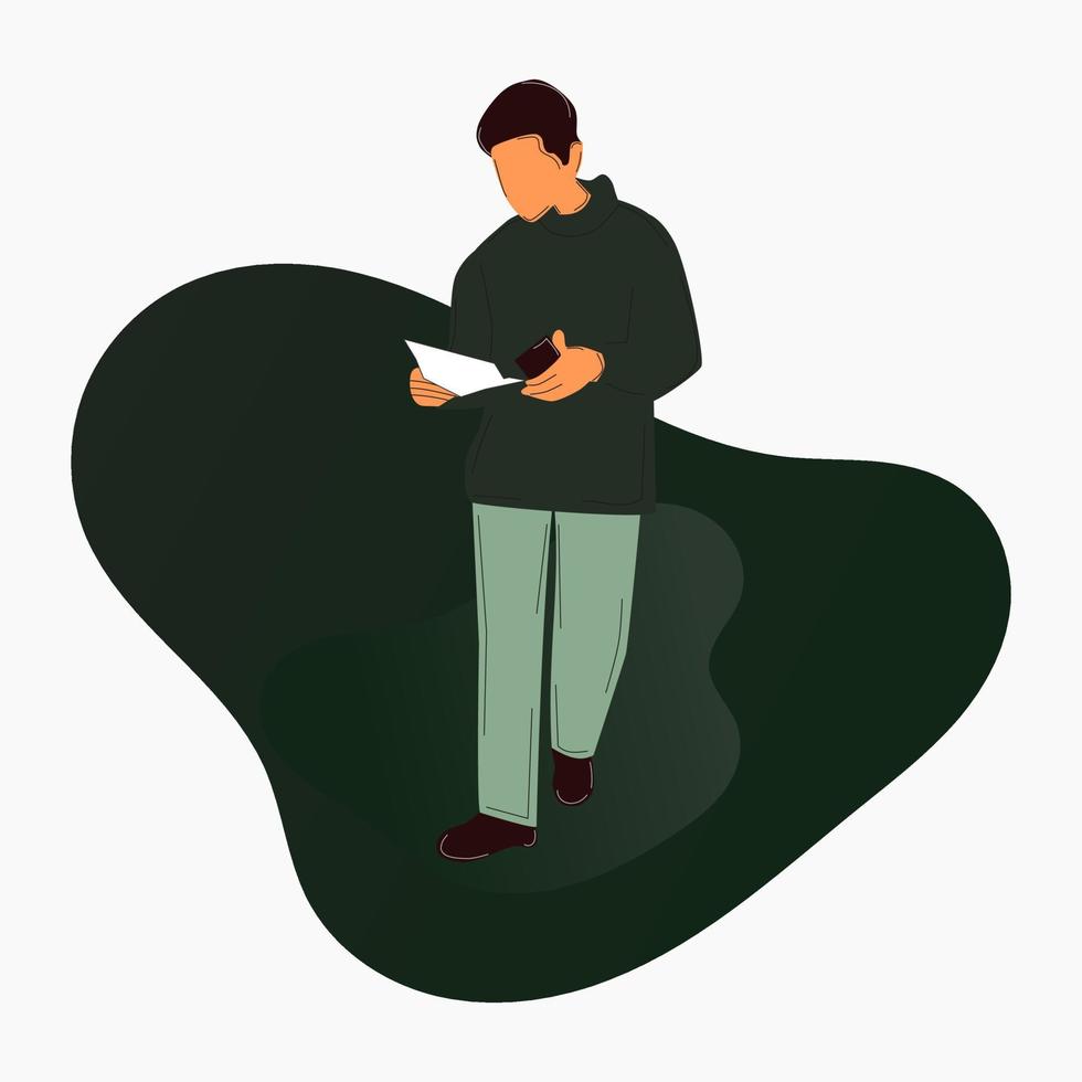 vector of a man standing holding a piece of paper. flat illustration