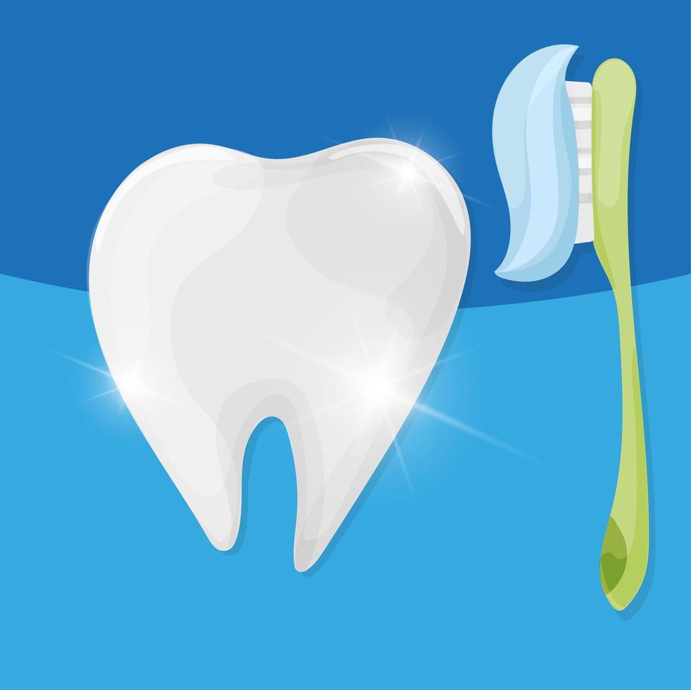 Ttooth with toothbrush and toothpaste. Vector cartoon style illustration.