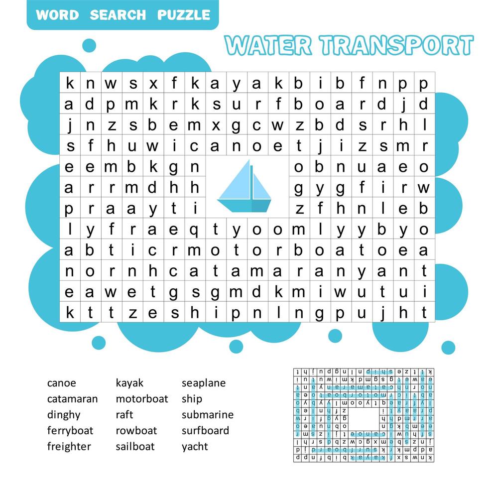 Word puzzle template with water transportation illustration vector