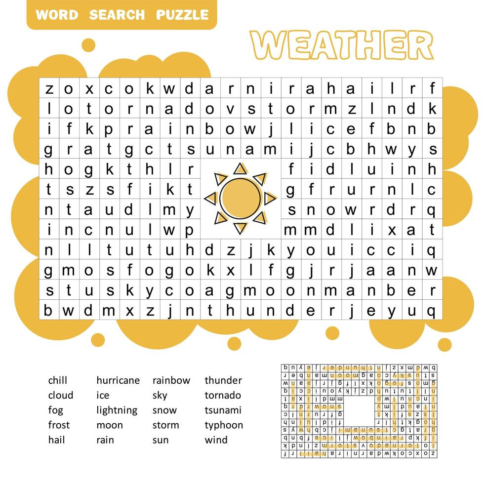 Words puzzle children educational game. Learning vocabulary. Cartoon weather. vector