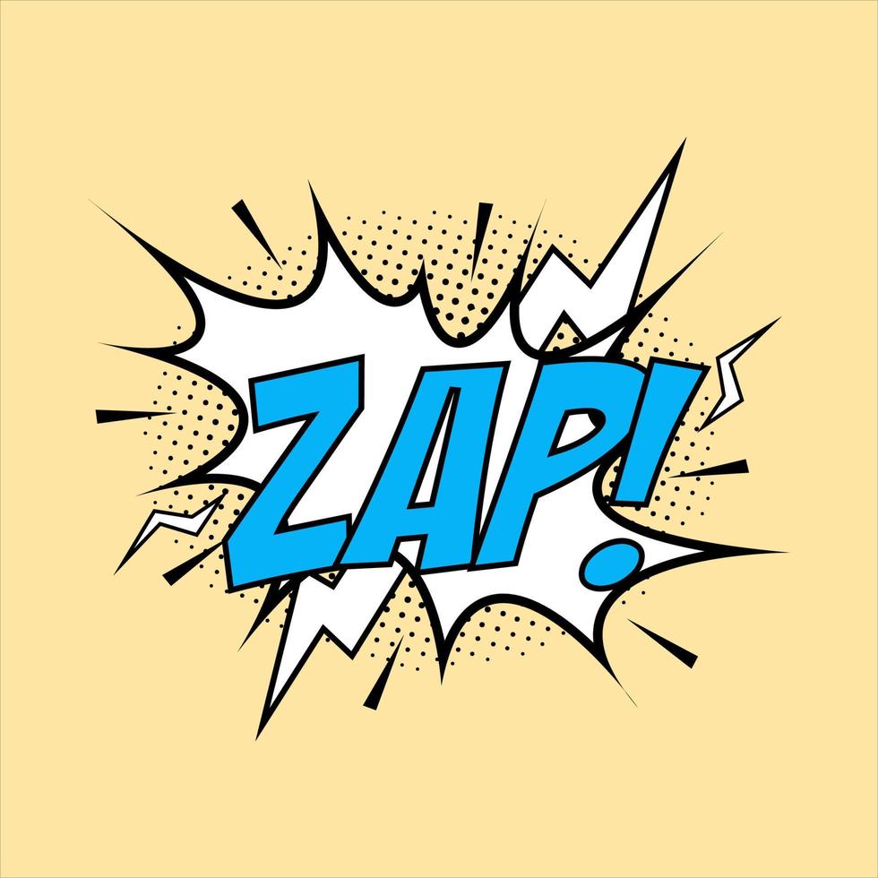 explosión cómica zap. vector de explosión cómica con burbuja. explosión de dibujos animados con palabras amarillas y truenos. Burbujas de explosión divertidas para dibujos animados con colores blanco y azul. cómics zap efecto de texto.