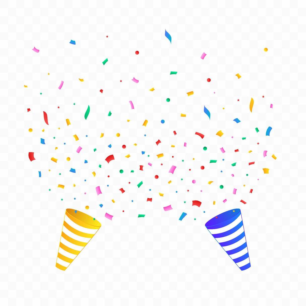 Confetti vector with party cap for festival background. Confetti and ribbon explosion background. Red, green, golden, blue confetti on transparent background. Event and party Celebration.