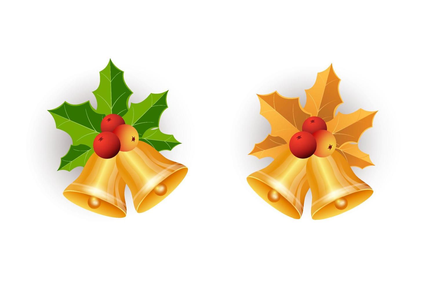 Christmas golden bells set with red berries. Xmas bell collection with green and golden leaves. Golden bell, red berries, golden leaves, pine branch, green leaves, holly berries, Jingle bells. vector