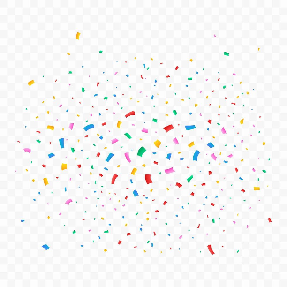 Confetti vector illustration for festival background. Colorful tinsel and confetti explosion. Multicolor confetti on transparent background. Event and party celebration. Festival elements.