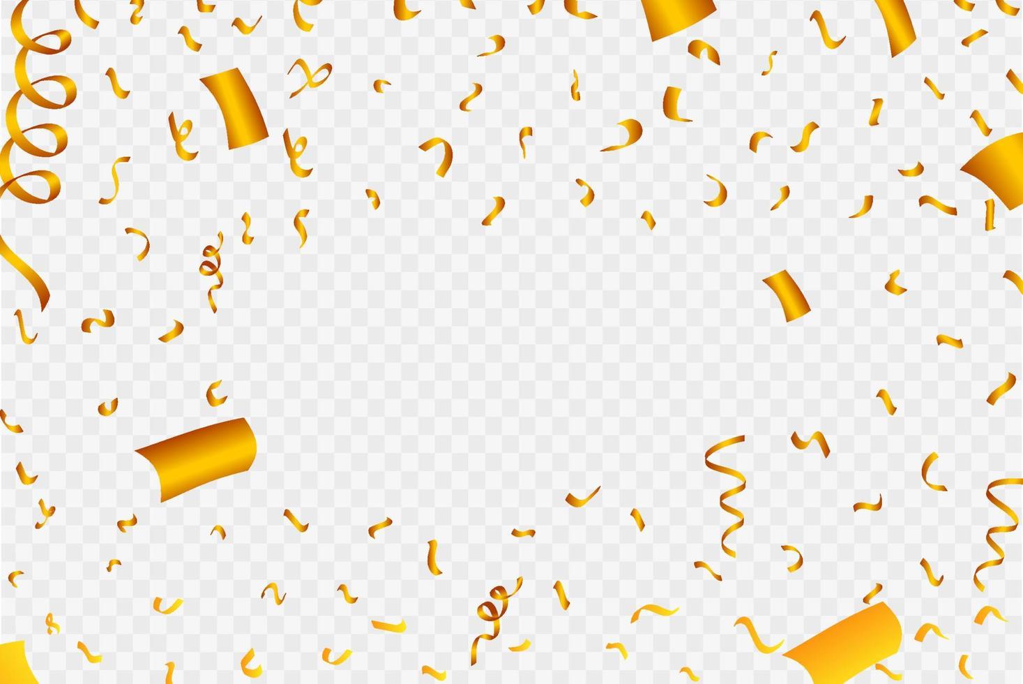 Golden confetti frame vector background. Realistic golden ribbon and confetti explosion illustration. Golden confetti isolated on transparent background. Festival elements. Birthday party celebration.