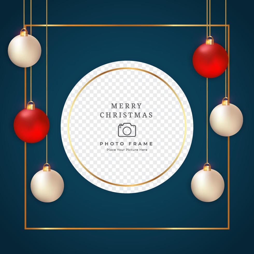 Christmas photo frame blue background and red decoration balls. 3D ball design with multiple colours on a dark blue background. 3D realistic ball design with calligraphy. vector