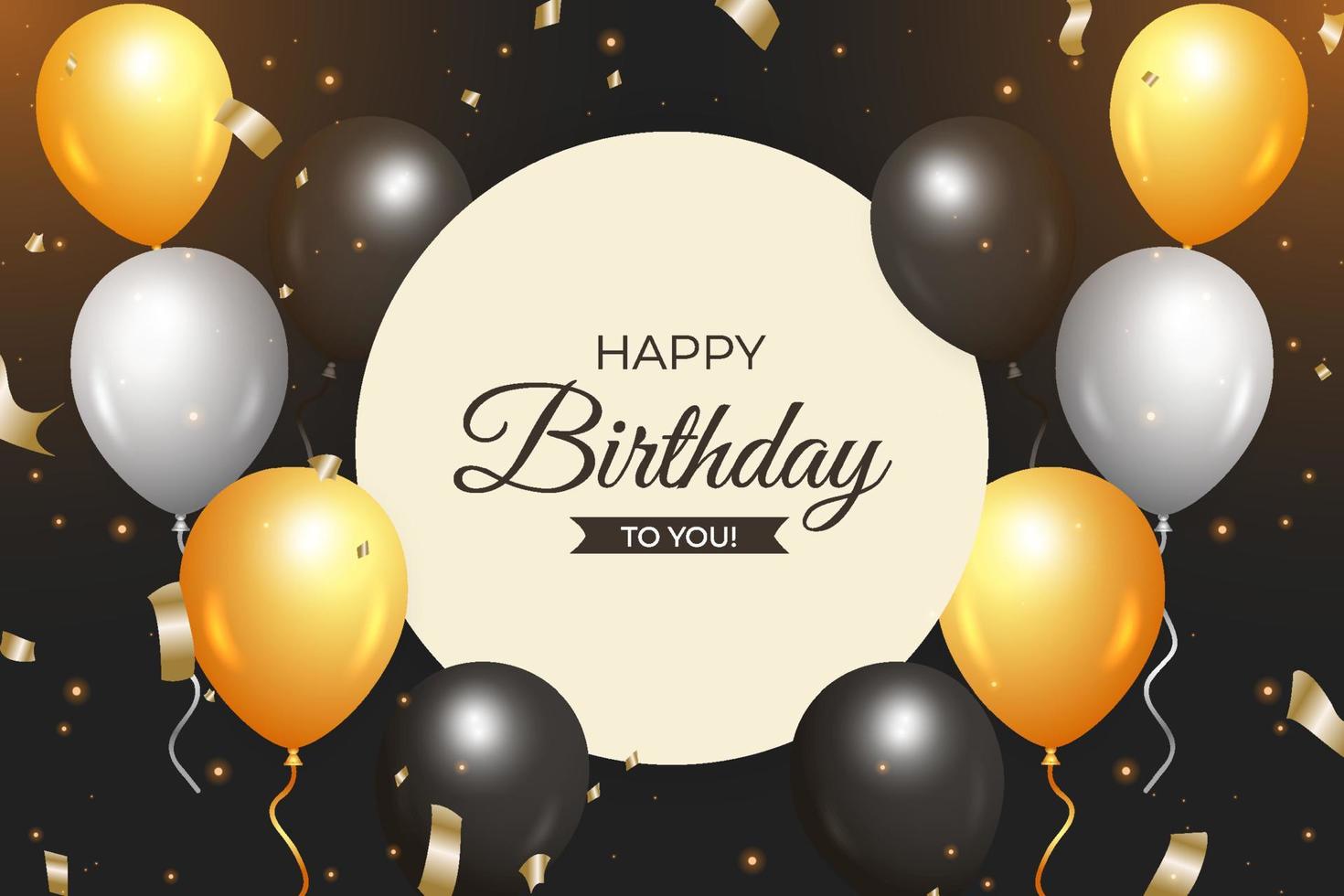 realistic happy birthday banner with the dark background, Gold confetti white yellow black balloons, Happy birthday golden background with golden confetti. Happy Birthday with realistic balloons vector