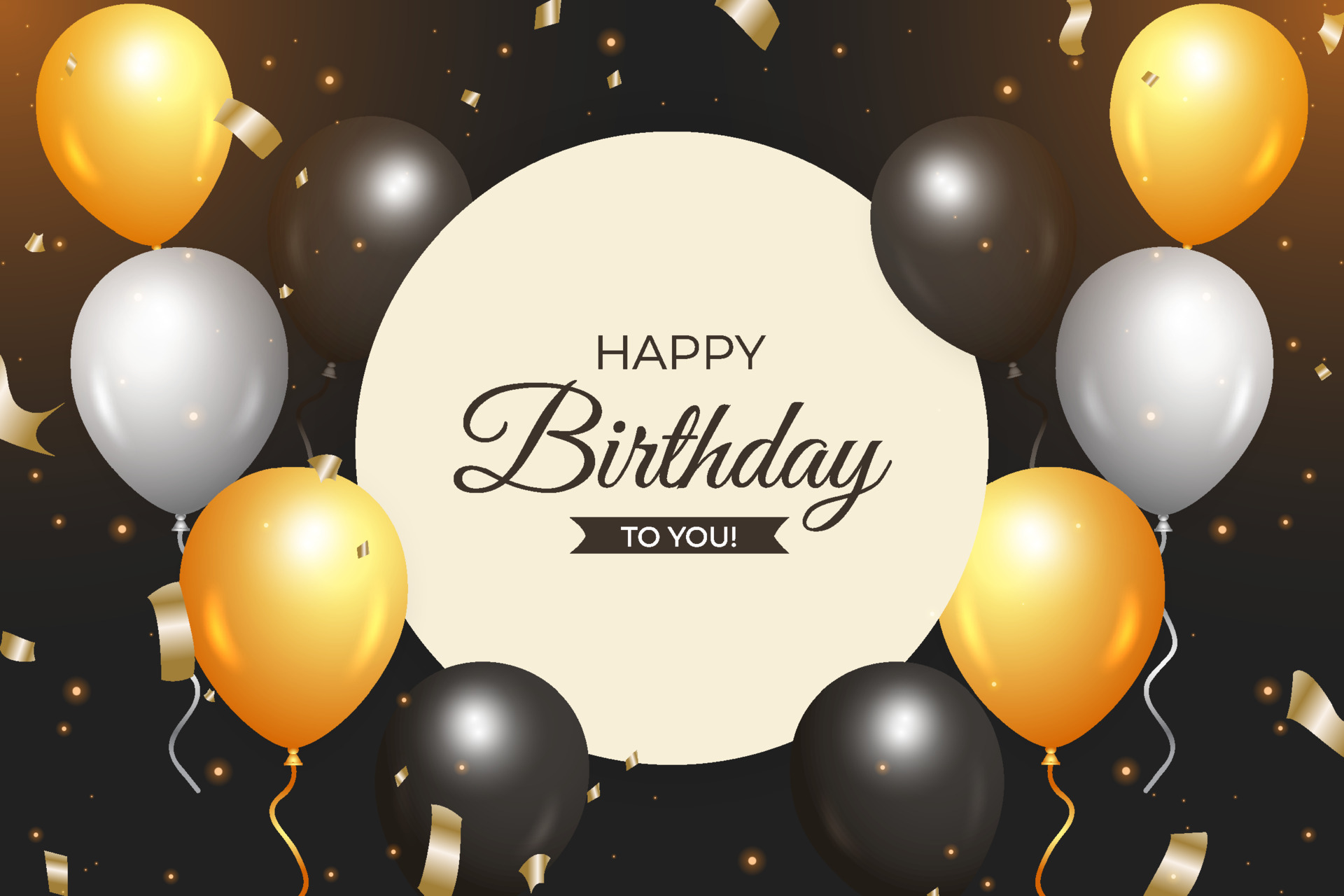 realistic happy birthday banner with the dark background, Gold confetti  white yellow black balloons, Happy birthday golden background with golden  confetti. Happy Birthday with realistic balloons 4567492 Vector Art at  Vecteezy