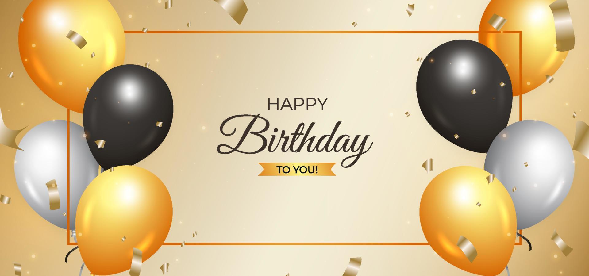 birthday social media banner design, happy birthday to you with golden background gold and white and dark balloons, gold confetti, balloon on two sides vector