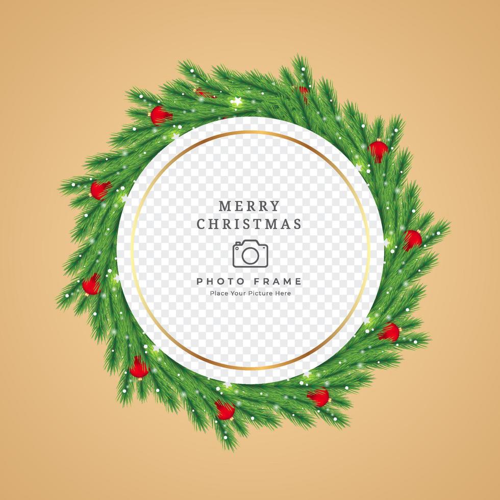 Christmas photo frame with a green wreath. Xmas photo frame on a golden background. Merry Christmas frame with red decoration balls and glowing pine leaves. Christmas elements. vector