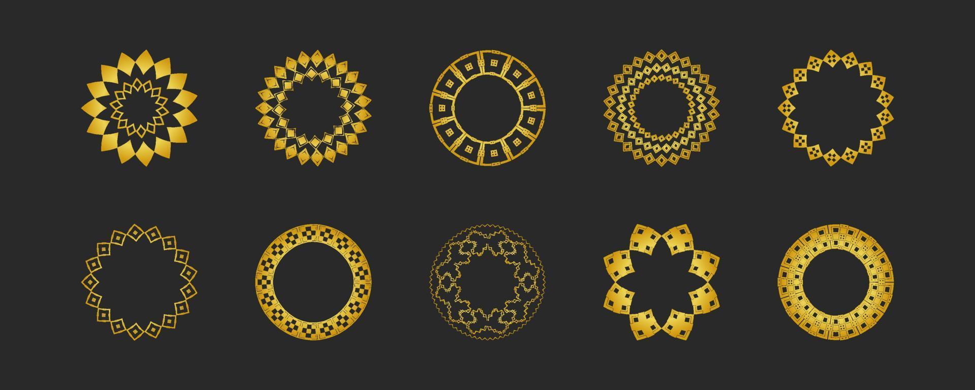 Collection of black backgrounds and golden geometric elements. Set of labels, icons, logos and seamless patterns. Templates with luxury foil for packaging vector