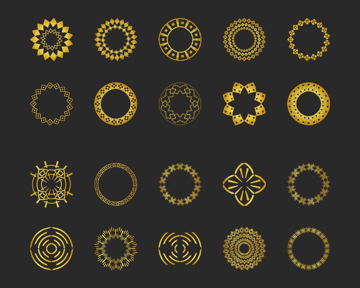 Collection of black backgrounds and golden geometric elements. Set of labels, icons, logos and seamless patterns. Templates with luxury foil for packaging vector