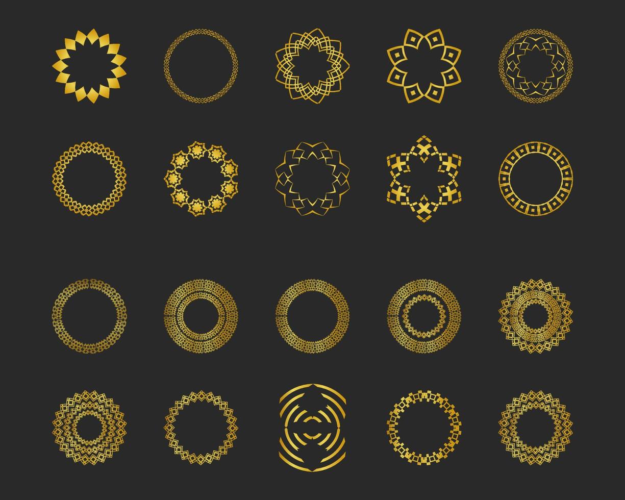 Collection of black backgrounds and golden geometric elements. Set of labels, icons, logos and seamless patterns. Templates with luxury foil for packaging vector