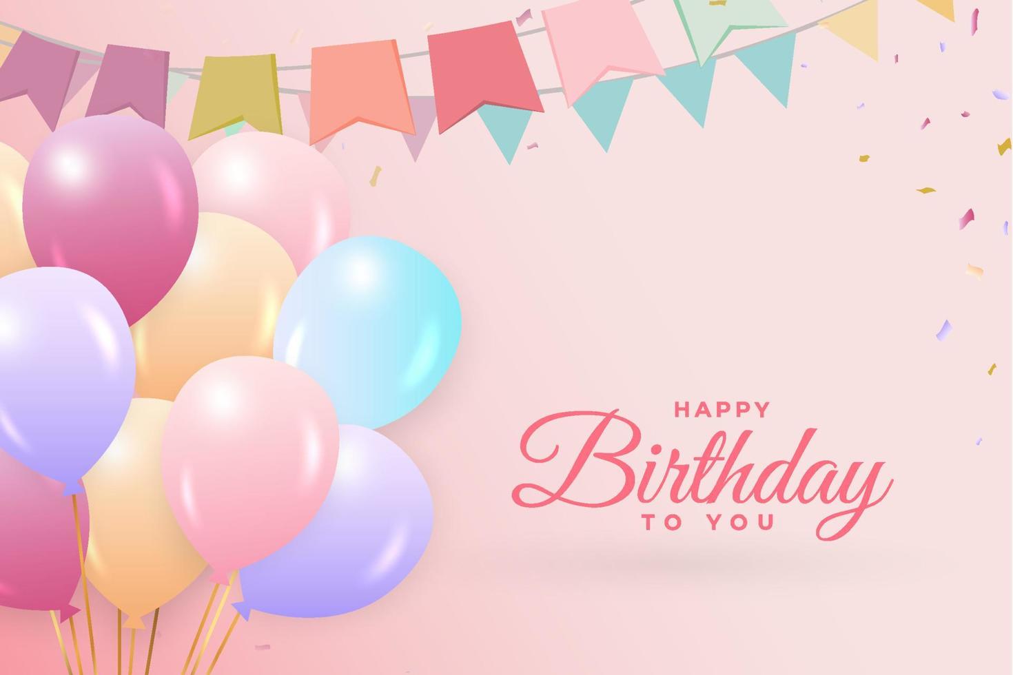 Flat balloons for birthday background. Happy birthday social media post with a lot of balloons and confetti. Happy birthday wish with pink calligraphy. Colorful confetti background, party elements. vector