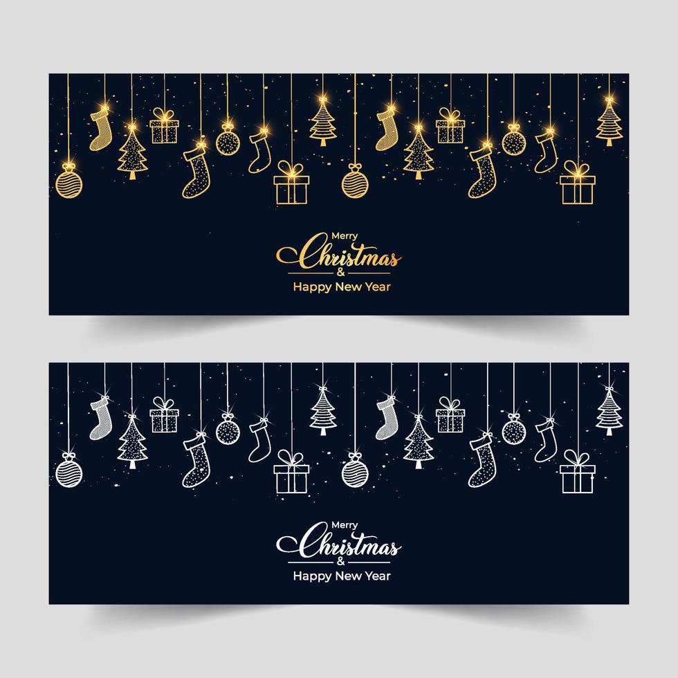 Christmas banner with elegant background and Christmas ornaments. Christmas dark background. Xmas glossy golden and silver socks and ball icons with calligraphy. Golden and silver confetti background vector