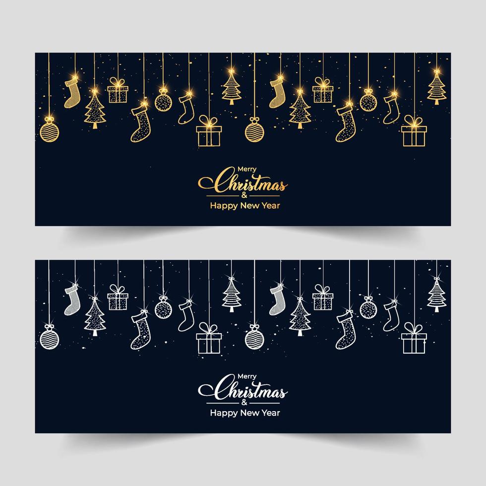 banner navideño con fondo elegante y adornos navideños. fondo oscuro de navidad. Navidad brillantes calcetines dorados y plateados e iconos de bolas con caligrafía. fondo de confeti dorado y plateado vector