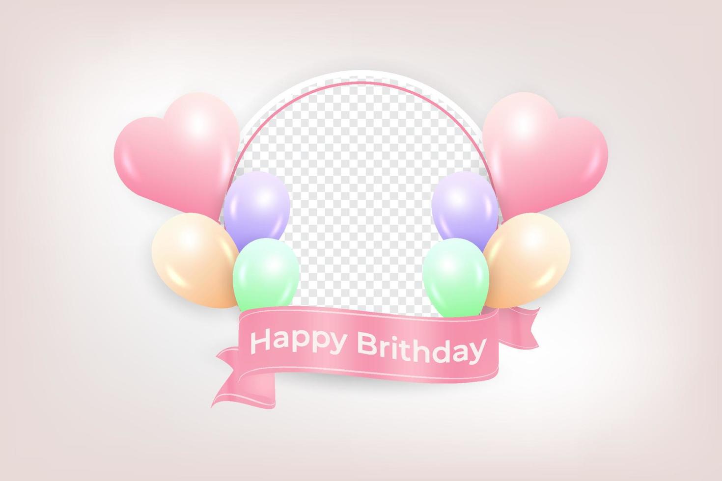 Happy birthday photo frame with balloons. Happy birthday photo frame with pink ribbon and typography. Beautiful birthday party card with pink, green, purple balloons. Digital party invitations. vector