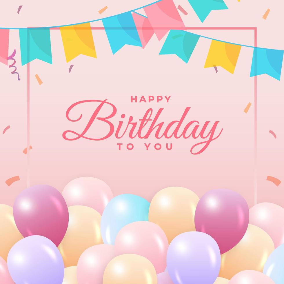 publicación de cumpleaños en las redes sociales. publicación de feliz cumpleaños en las redes sociales con muchos globos y confeti. deseo de feliz cumpleaños con caligrafía rosa. Fondo de confeti de colores, elementos de fiesta. vector