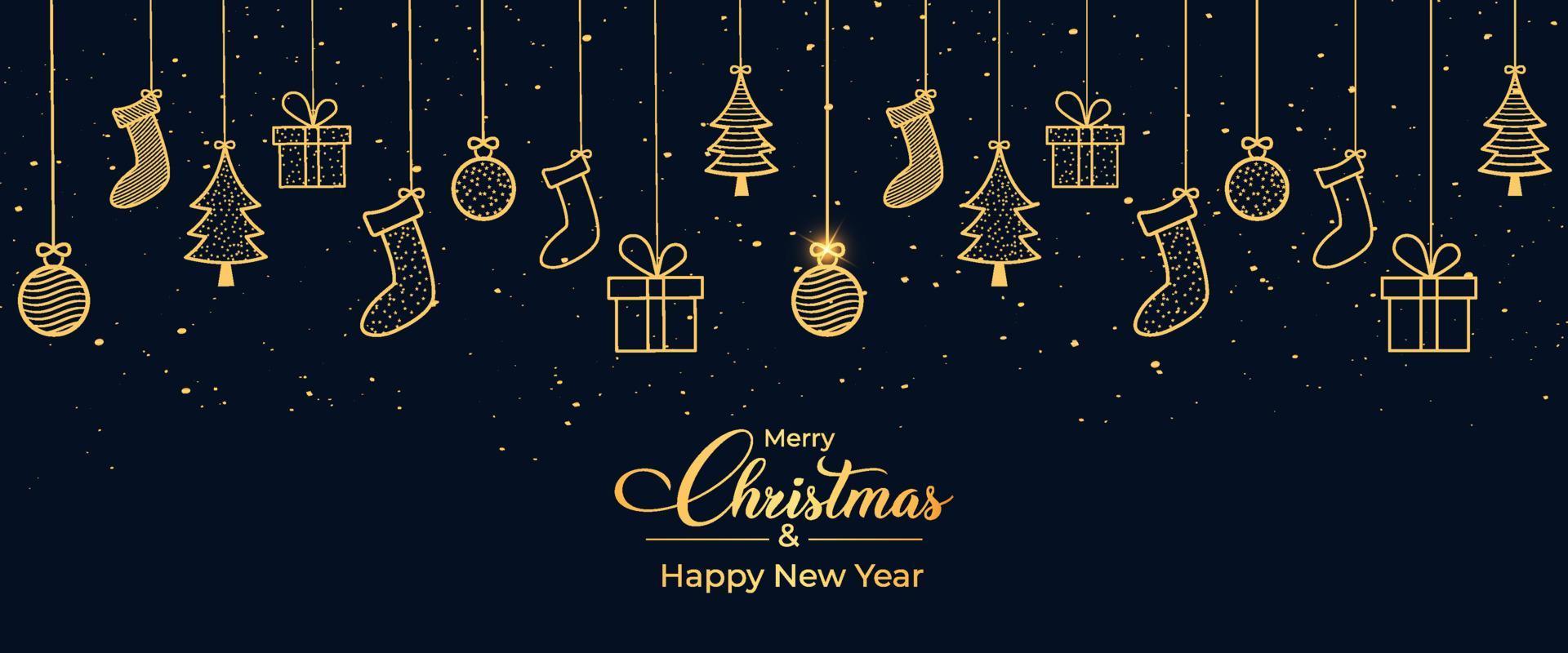 Diseño de banner navideño con fondo elegante y adornos navideños. fondo oscuro de navidad. calcetines brillantes de Navidad e icono de bola con caligrafía dorada. elemento de fondo de confeti dorado. vector