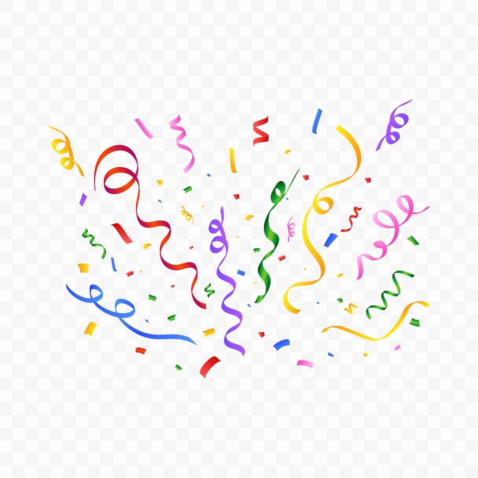 Festival confetti and tinsel explosion background. Realistic multicolor confetti vector illustration. Colorful confetti isolated on transparent background. Carnival elements. Birthday celebration.