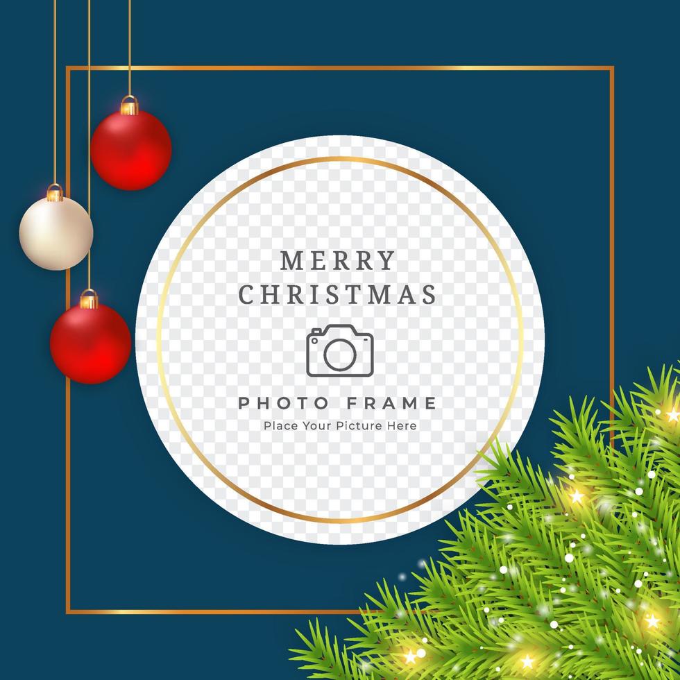Christmas photo frame with blow background. Photo frame with green leaf and decoration balls. Holiday photo frame design with snowflakes, blue balls, and pine leaves. vector