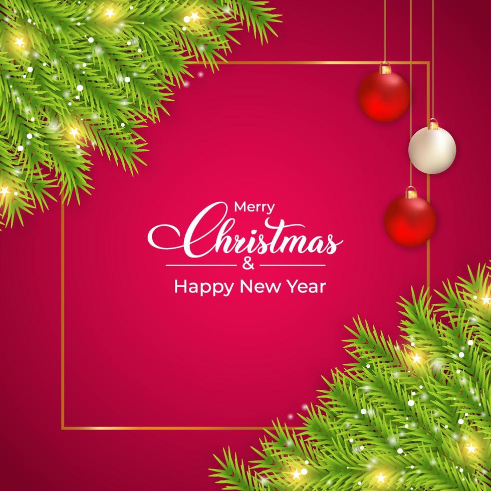 Christmas banner with red background luxurious red, Christmas banner with Green Leaves decoration balls and light effect, Merry Christmas Happy New Year vector