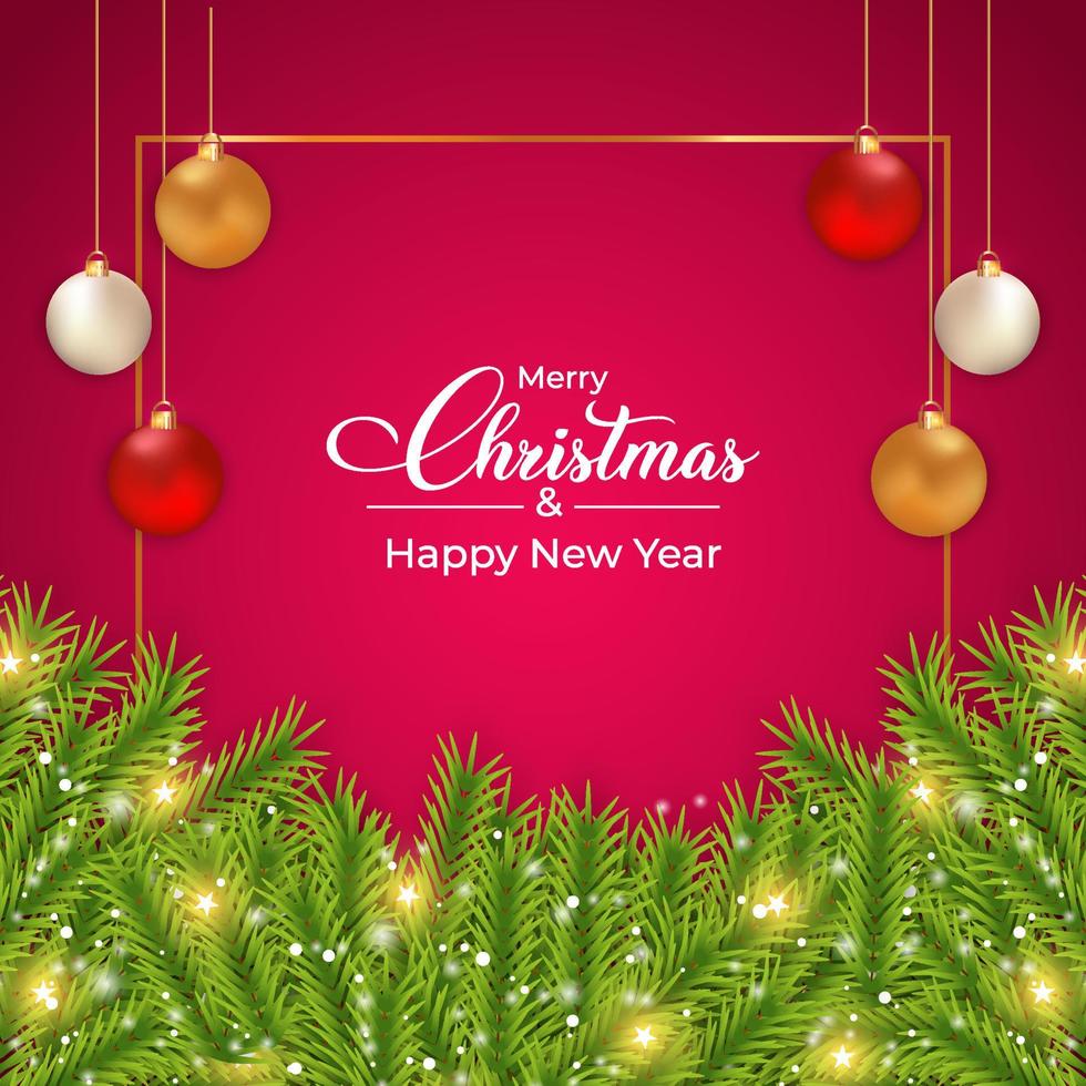 publicación de redes sociales de navidad con hojas verdes fondo rojo, banner rojo navideño, bolas de decoración, hojas verdes, bola dorada, feliz navidad, feliz año nuevo vector