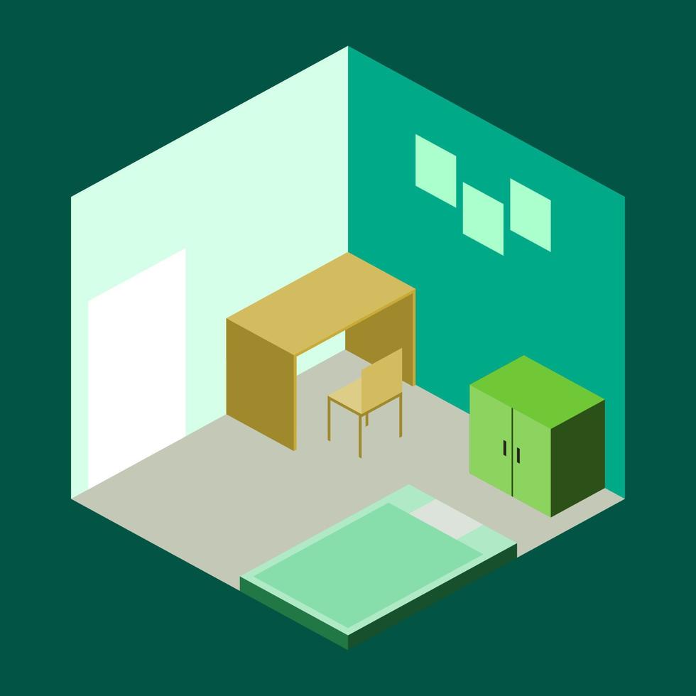 Room bed table working isometric Vector illustration