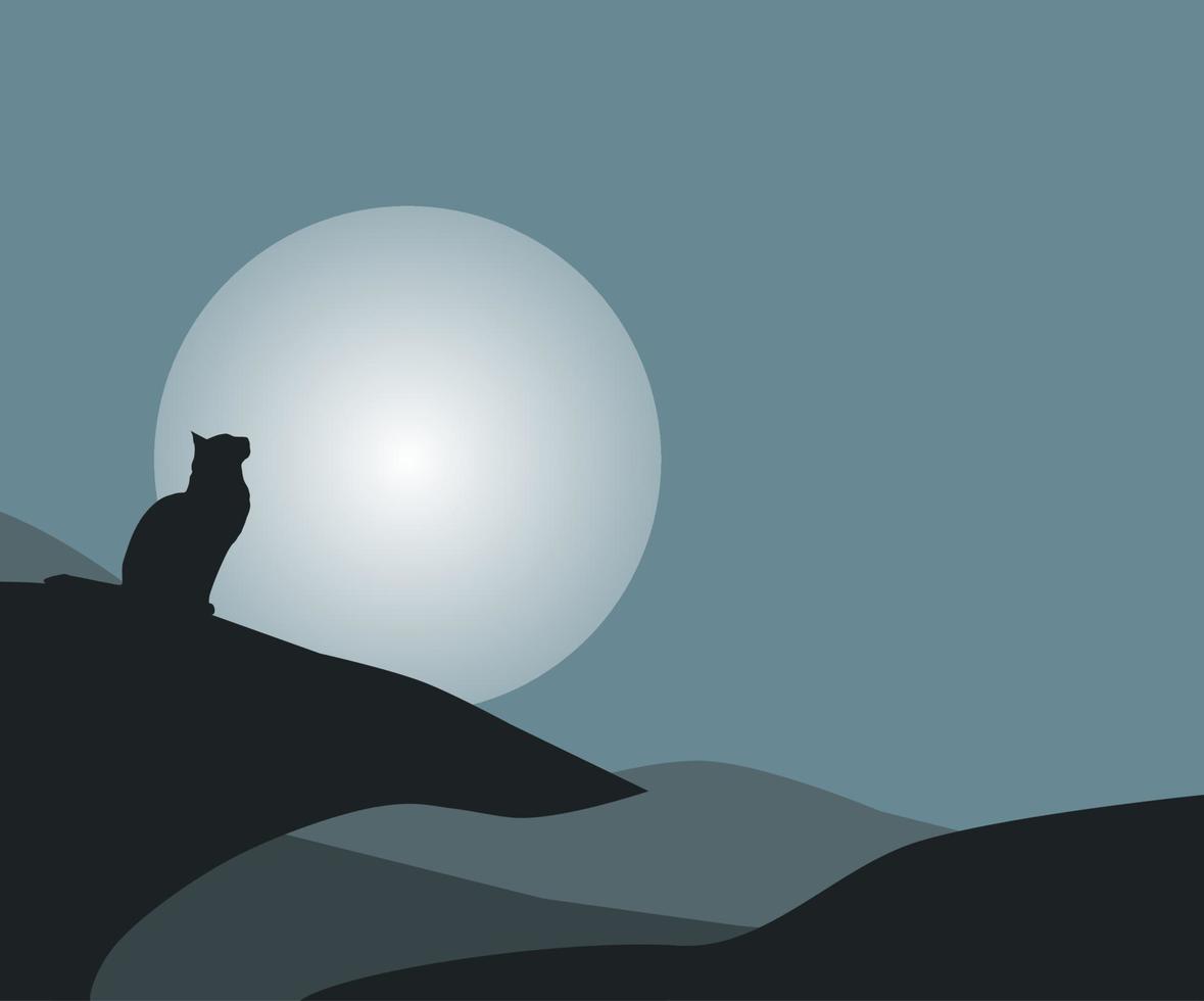 silhouette of a cat looking at the full moon from the top of the hill vector