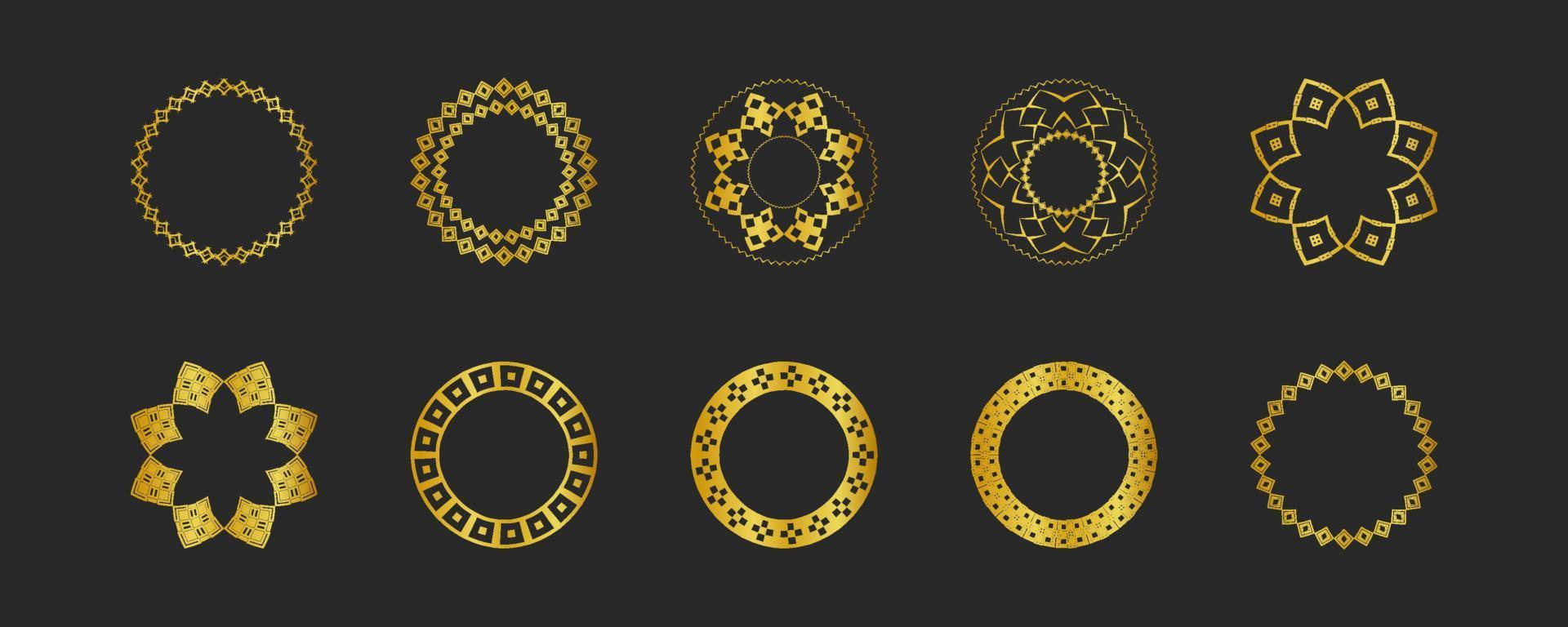 Collection of black backgrounds and golden geometric elements. Set of labels, icons, logos and seamless patterns. Templates with luxury foil for packaging vector