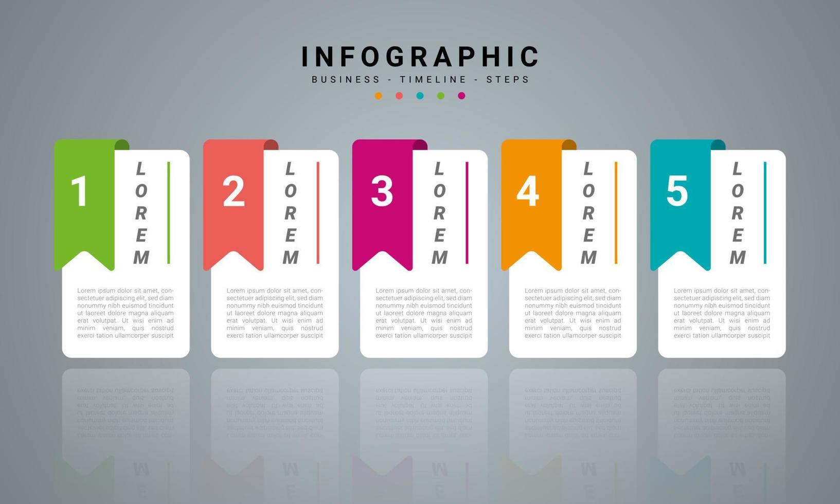 Concept business infographic model with 5 successive steps. Six colorful graphic elements. Timeline design for brochure, presentation. Infographic design layout vector