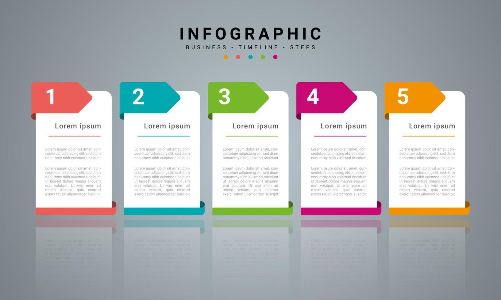 Concept business infographic model with 5 successive steps. Six colorful graphic elements. Timeline design for brochure, presentation. Infographic design layout vector