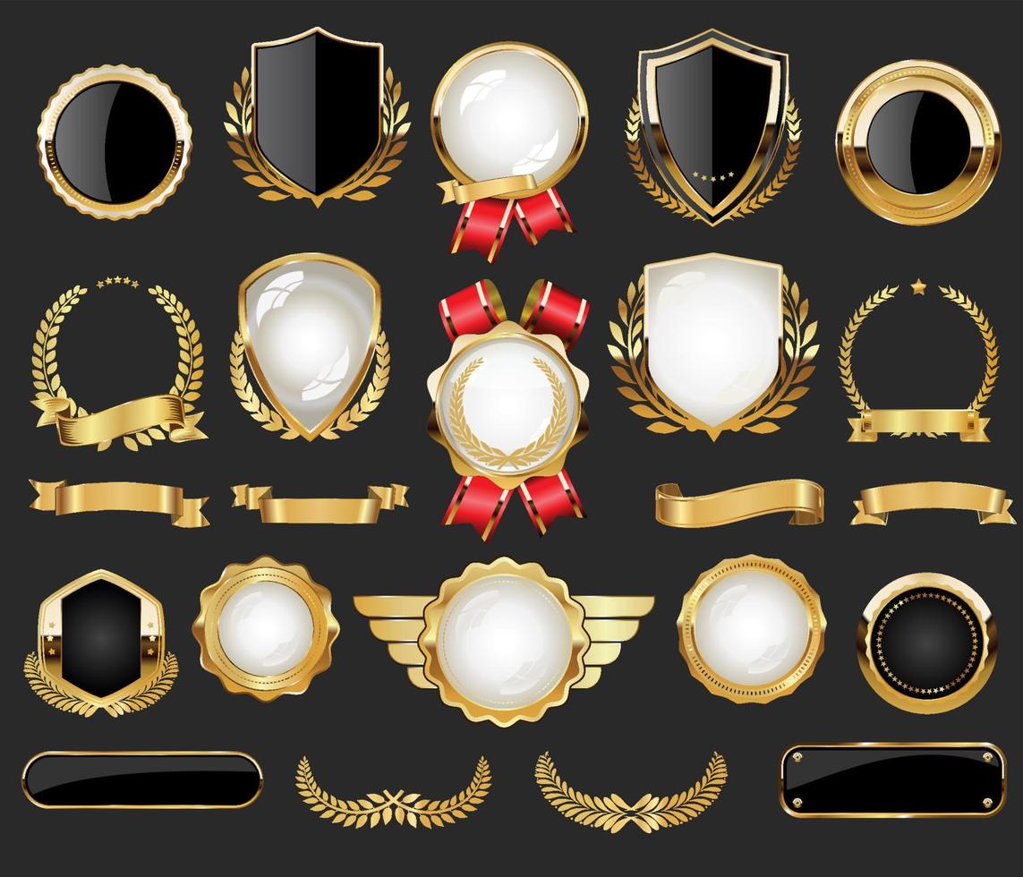 Collection of Golden badges labels laurels shield and metal plates vector